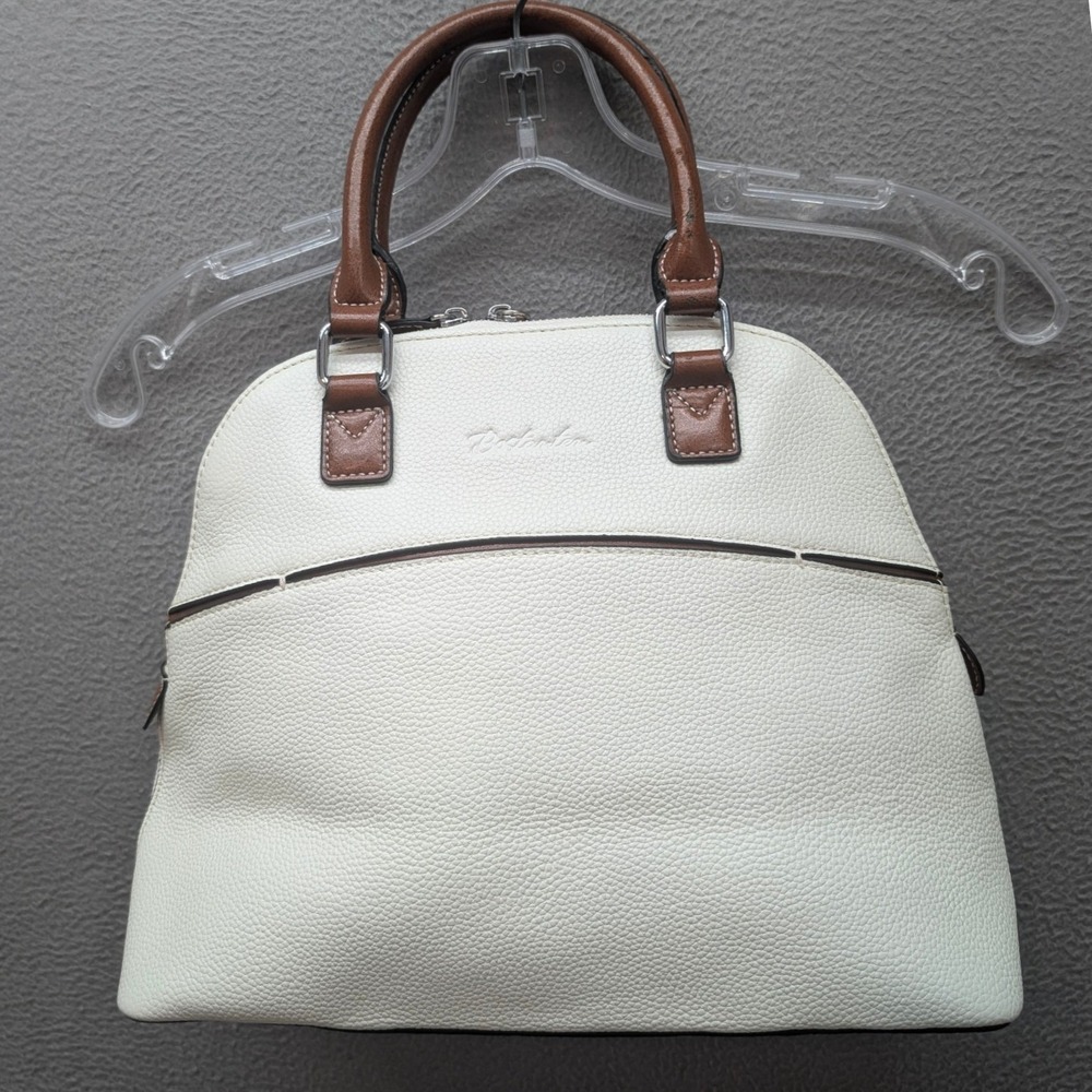 Bostanten Pebbled Leather Dome Satchel Doctor Handbag White Brown Quiet Luxury